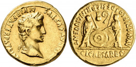 Augustus, 27 BC-AD 14. Aureus (Gold, 19 mm, 7.79 g, 11 h), Lugdunum, 2 BC-AD 4. CAESAR AVGVSTVS DIVI F PATER PATRIAE Laureate head of Augustus to righ...