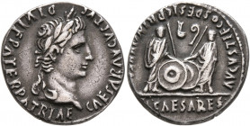 Augustus, 27 BC-AD 14. Denarius (Silver, 19 mm, 3.81 g, 12 h), Lugdunum, 2 BC-AD 4.. CAESAR AVGVSTVS DIVI F PATER PATRIAE Laureate head of Augustus to...