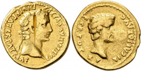 Augustus, with Tiberius as Caesar, 27 BC-AD 14. Aureus (Gold, 20 mm, 7.72 g, 9 h), Lugdunum, circa 13-14. CAESAR AVGVSTVS•DIVI F PATER PATRIAE Laureat...