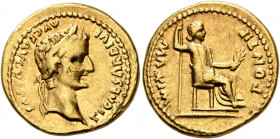 Tiberius, 14-37. Aureus (Gold, 20 mm, 7.67 g, 2 h), Lugdunum. TI CAESAR DIVI AVG F AVGVSTVS Laureate head of Tiberius to right. Rev. PONTIF MAXIM Livi...