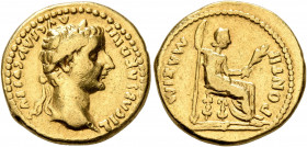 Tiberius, 14-37. Aureus (Gold, 19 mm, 7.72 g, 7 h), Lugdunum. TI CAESAR DIVI AVG F AVGVSTVS Laureate head of Tiberius to right. Rev. PONTIF MAXIM Livi...