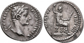 Tiberius, 14-37. Denarius (Silver, 19 mm, 3.78 g, 3 h), Lugdunum. TI CAESAR DIVI AVG F AVGVSTVS Laureate head of Tiberius to right. Rev. PONTIF MAXIM ...