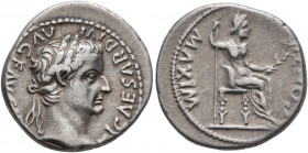 Tiberius, 14-37. Denarius (Silver, 18 mm, 3.78 g, 2 h), Lugdunum. TI CAESAR DIVI AVG F AVGVSTVS Laureate head of Tiberius to right. Rev. PONTIF MAXIM ...