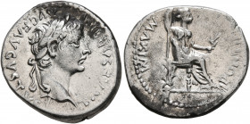 Tiberius, 14-37. Denarius (Silver, 19 mm, 3.63 g, 5 h), Lugdunum. TI CAESAR DIVI AVG F AVGVSTVS Laureate head of Tiberius to right. Rev. PONTIF MAXIM ...