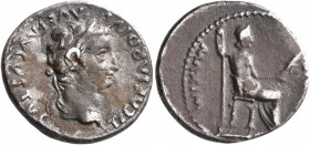 Tiberius, 14-37. Denarius (Silver, 19 mm, 3.73 g, 11 h), Lugdunum. TI CAESAR DIVI AVG F AVGVSTVS Laureate head of Tiberius to right. Rev. PONTIF [MAXI...