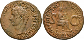Tiberius, 14-37. As (Copper, 28 mm, 10.00 g, 12 h), Rome, 15-16. TI•CAESAR•DIVI•AVG•F•AVGVST•IMP•VII• Bare head of Tiberius to left. Rev. PONTIF•MAXIM...