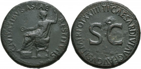 Tiberius, AD 14-37. Sestertius (Orichalcum, 35 mm, 25.77 g, 7 h), Rome, 22-23. CIVITATIBVS ASIAE RESTITVTIS Tiberius, laureate, seated to left, placin...