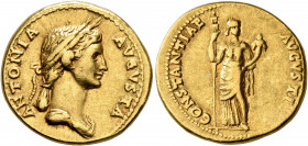 Antonia Minor, Augusta, 37 and 41. Aureus (Gold, 19 mm, 7.64 g, 5 h), Lugdunum, 41-42. ANTONIA AVGVSTA Draped bust of Antonia to right, wearing wreath...