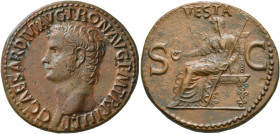 Gaius (Caligula), 37-41. As (Copper, 29 mm, 12.07 g, 6 h), Rome, 39. C CAESAR AVG GERMANICVS PON M TR POT Bare head of Gaius to left. Rev. VESTA / S -...