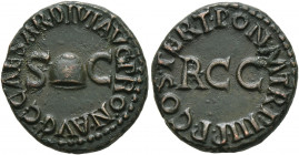 Gaius (Caligula), 37-41. Quadrans (Copper, 18 mm, 3.46 g, 6 h), Rome, 39-40. C•CAESAR•DIV AVG PRO•N• AVG• Pileus between S - C. Rev. COS•TERT•PON M TR...