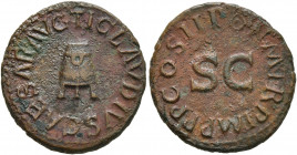 Claudius, 41-54. Quadrans (Copper, 18 mm, 2.92 g, 7 h), Rome, 42. TI CLAVDIVS CAESAR AVG Three-legged modius. Rev. PON M TR P IMP P P COS II around la...
