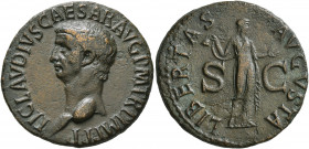 Claudius, 41-54. As (Copper, 29 mm, 11.44 g, 6 h), Rome, 50-54. TI CLAVDIVS CAESAR AVG P M TR P IMP P P Bare head of Claudius to left. Rev. LIBERTAS A...