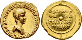 Nero, as Caesar, 50-54. Aureus (Gold, 20 mm, 7.62 g, 2 h), Rome, 51-54. NERONI CLAVDIO DRVSO GERM COS DESIGN Bare-headed and draped bust of Nero to ri...