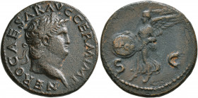 Nero, 54-68. As (Copper, 28 mm, 11.87 g, 5 h), Rome, 65. NERO CAESAR AVG GERM IMP Laureate head of Nero to right. Rev. S - C Victory flying left, hold...