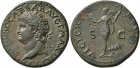 Nero, 54-68. Dupondius (Orichalcum, 28 mm, 13.33 g, 6 h), Lugdunum, 66. IMP NERO CAESAR AVG P MAX TR P P P Laureate head of Nero to left, small globe ...
