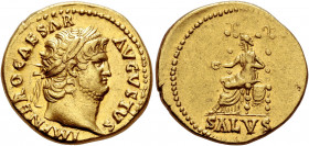Nero, 54-68. Aureus (Gold, 20 mm, 7.30 g, 5 h), Rome, circa 66-67. IMP NERO CAESAR AVGVSTVS Laureate head of Nero to right. Rev. SALVS Salus seated le...