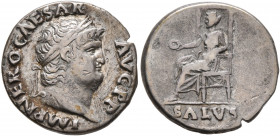 Nero, 54-68. Denarius (Silver, 17 mm, 3.20 g, 5 h), Rome, 67-68. IMP NERO CAESAR AVG P P Laureate head of Nero to right. Rev. SALVS Salus seated left ...