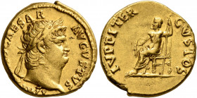 Nero, 54-68. Aureus (Gold, 18 mm, 7.32 g, 5 h), Rome, 67-68. NERO CAESAR AVGVSTVS Laureate head of Nero to right. Rev. IVPPITER CVSTOS Jupiter seated ...
