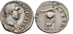 Vitellius, 69. Denarius (Silver, 18 mm, 3.53 g, 5 h), Rome, late April-20 December 69. A V[ITELLIVS G]ERMAN IMP TR P Laureate head of Vitellius to rig...