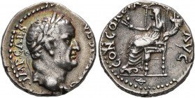 Vespasian, 69-79. Denarius (Silver, 16 mm, 3.33 g, 12 h), Ephesus, 69-70. IMP CAES VESPAS AVG Laureate head of Vespasian to right. Rev. CONCORDIA AVG ...