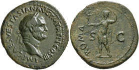 Vespasian, 69-79. Sestertius (Orichalcum, 36 mm, 23.87 g, 5 h), Rome, 71. IMP CAES VESPASIAN AVG P M TR P P P COS III Laureate head of Vespasian to ri...