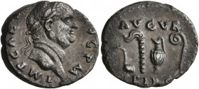 Vespasian, 69-79. Denarius (Silver, 18 mm, 3.08 g, 6 h), Rome, 71. IMP CAES VESP AVG P M Laureate head of Vespasian to right. Rev. AVGVR / TRI POT Sim...