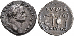 Vespasian, 69-79. Denarius (Silver, 18 mm, 3.27 g, 6 h), Rome, 71. IMP CAES VESP AVG P M Laureate head of Vespasian to right. Rev. AVGVR / TRI POT Sim...