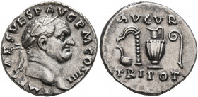 Vespasian, 69-79. Denarius (Silver, 17 mm, 3.39 g, 6 h), Rome, 72-73. IMP CAES VESP AVG P M COS IIII Laureate head of Vespasian to right. Rev. AVGVR /...