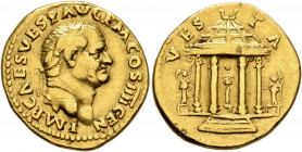 Vespasian, 69-79. Aureus (Gold, 20 mm, 7.23 g, 6 h), Rome, 73. IMP CAES VESP AVG P M COS IIII CEN Laureate head of Vespasian to right. Rev. VESTA Fron...