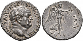 Vespasian, 69-79. Denarius (Silver, 17 mm, 3.34 g, 5 h), Ephesus, 74. IMP CAESAR VESPAS AVG COS•V•TR P P P Laureate head of Vespasian to right. Rev. P...
