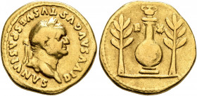 Divus Vespasian, died 79. Aureus (Gold, 19 mm, 7.00 g, 5 h), Rome, struck under Titus, 80-81. DIVVS AVGVSTVS VESPASIANVS Laureate head of Vespasian to...