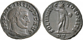 Licinius I, 308-324. Follis (Bronze, 21 mm, 4.54 g, 12 h), Ticinum, 313. IMP LICINIVS P F AVG Laureate head of Licinius I to right. Rev. SOLI INVI-C-T...