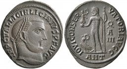 Licinius I, 308-324. Follis (Bronze, 22 mm, 3.51 g, 12 h), Antiochia, 313-314. IMP C VAL LICIN LICINIVS P F AVG Laureate head of Licinius I to right. ...