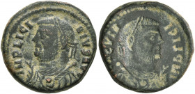 Licinius I, 308-324. Follis (Bronze, 17 mm, 4.11 g, 12 h), brockage mint error, probably Antiochia, 318. IMP LICINIVS AVG Laureate and draped bust of ...