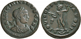 Licinius II, Caesar, 317-324. Follis (Bronze, 19 mm, 3.37 g, 12 h), Arelate, 318. VAL LICINIVS NOB CAES Laureate and draped bust of Licinius II to rig...