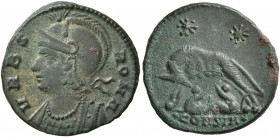 Commemorative Series, 330-354. Follis (Silvered bronze, 13 mm, 2.70 g, 5 h), Constantinopolis, 333-335. VRBS ROMA Helmeted and mantled bust of Roma to...