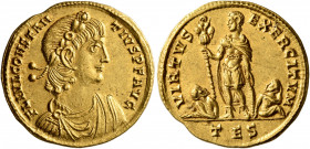 Constantius II, 337-361. Solidus (Gold, 22 mm, 4.61 g, 6 h), Thessalonica, 337-340. FL IVL CONSTAN-TIVS P F AVG Laurel-and-rosette-diademed, draped an...