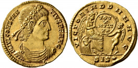 Constantius II, 337-361. Solidus (Gold, 22 mm, 4.43 g, 7 h), Siscia, 337-340. FL IVL CONSTAN-TIVS P F AVG Laurel-and-rosette-diademed, draped and cuir...