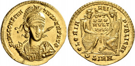 Constantius II, 337-361. Solidus (Gold, 21 mm, 4.35 g, 1 h), Sirmium, 355-360. FL IVL CONSTAN-TIVS PERP AVG Pearl-diademed, helmeted and cuirassed bus...