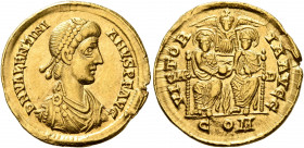 Valentinian II, 375-392. Solidus (Gold, 21 mm, 4.39 g, 6 h), Mediolanum, circa 389-391. D N VALENTINI-ANVS P F AVG Pearl-diademed, draped and cuirasse...