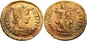 Theodosius I, 379-395. Solidus (Gold, 21 mm, 4.35 g, 12 h), Constantinopolis, 388-392. D N THEODO-SIVS P F AVG Rosette-diademed, draped and cuirassed ...
