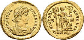 Theodosius I, 379-395. Solidus (Gold, 21 mm, 4.43 g, 7 h), uncertain military mint, 393-395. D N THEODO-SIVS P F AVG Pearl-diademed, draped and cuiras...