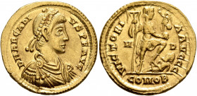 Arcadius, 383-408. Solidus (Gold, 21 mm, 4.45 g, 12 h), Mediolanum, 395-408. D N ARCADI-VS P F AVG Pearl-diademed, draped and cuirassed bust of Arcadi...