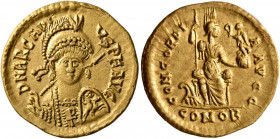 Arcadius, 383-408. Solidus (Gold, 20 mm, 4.29 g, 5 h), Thessalonica, 397-402. D N ARCADI-VS P F AVG Pearl-diademed, helmeted and cuirassed bust of Arc...