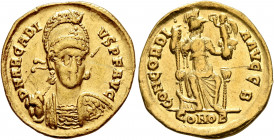 Arcadius, 383-408. Solidus (Gold, 20 mm, 4.35 g, 5 h), Constantinopolis, 397-402. D N ARCADI-VS P F AVG Pearl-diademed, helmeted and cuirassed bust of...