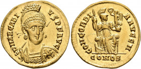 Arcadius, 383-408. Solidus (Gold, 20 mm, 4.37 g, 6 h), Constantinopolis, 397-402. D N ARCADI-VS P F AVG Pearl-diademed, helmeted and cuirassed bust of...