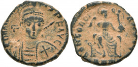 Arcadius, 383-408. Follis (Bronze, 16 mm, 2.61 g, 5 h), Antiochia, 401-403. D N ARCADIVS P F AVG Pearl-diademed, helmeted and cuirassed bust of Arcadi...