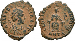 Aelia Eudoxia, Augusta, 400-404. Follis (Bronze, 17 mm, 2.00 g, 11 h), Antiochia. AEL EVDO-XIA AVG Pearl-diademed and draped bust of Aelia Eudoxia to ...