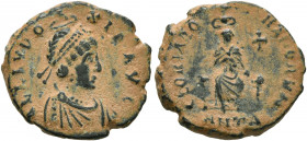 Aelia Eudoxia, Augusta, 400-404. Follis (Bronze, 16 mm, 2.83 g, 11 h), Antiochia. AEL EVDO-XIA AVG Pearl-diademed and draped bust of Aelia Eudoxia to ...