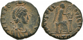 Aelia Eudoxia, Augusta, 400-404. Follis (Bronze, 15 mm, 2.24 g, 5 h), Antiochia, 401-403. AEL EVDO-[XIA AV]G Pearl-diademed and draped bust of Aelia E...